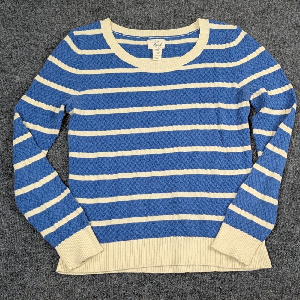 Levis Womens Blue Cream Striped Cable Knit Crewneck Sweater Medium Long Sleeve‎